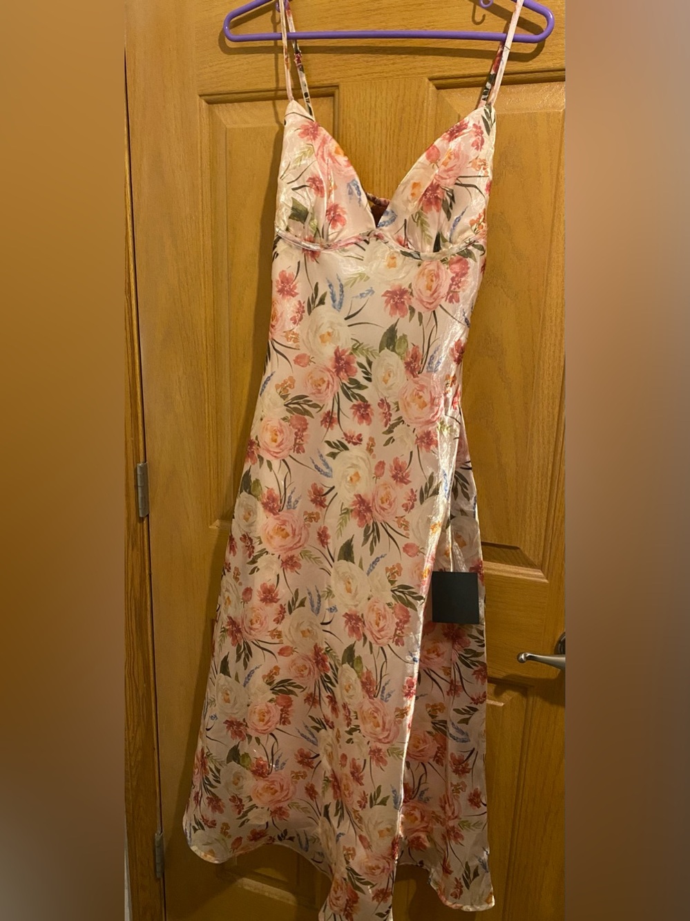 Lulu's Floral Satin Slip Dress in Blush, Pink, Green